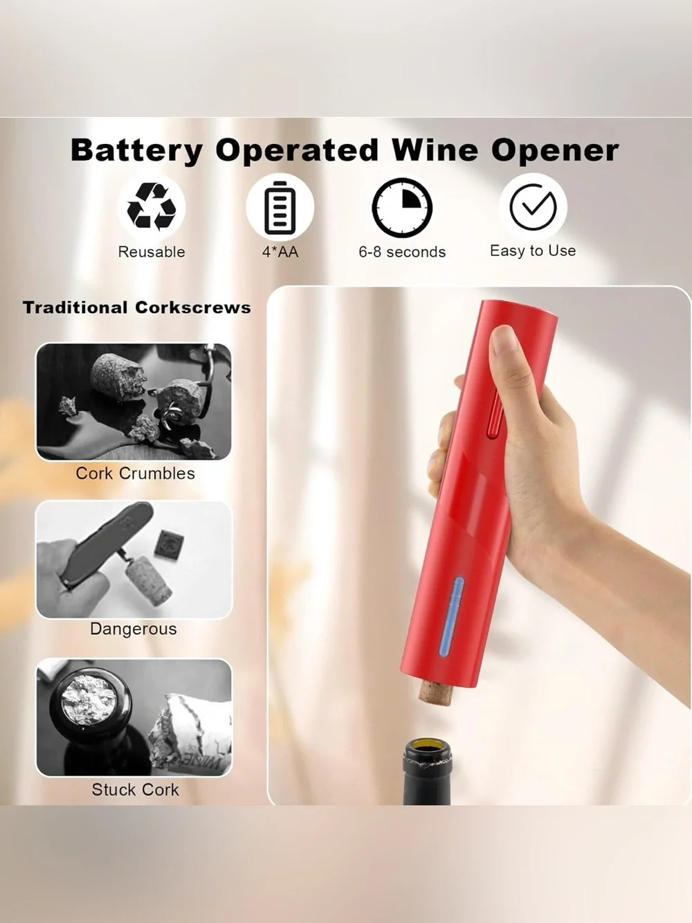 Electric Wine Bottle Opener with Foil Cutter, Automatic Corkscrew
